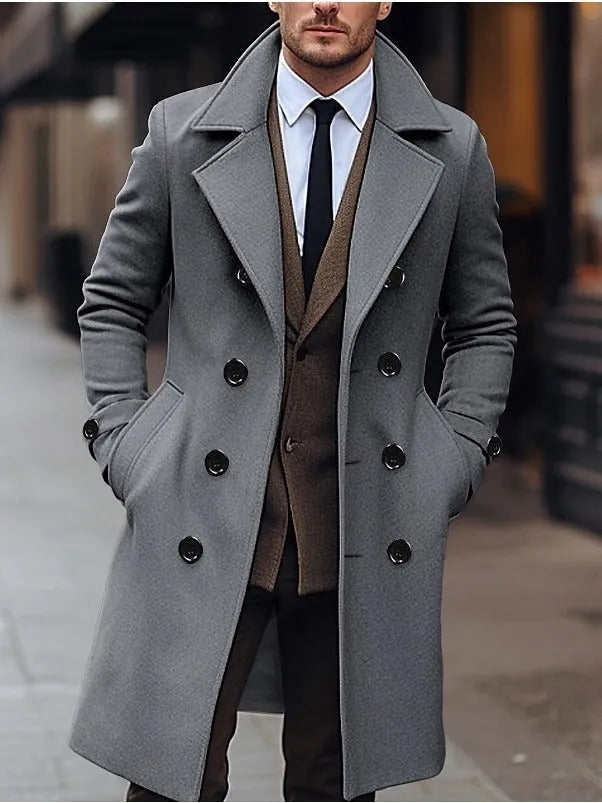 Men's long double breasted woolen coat in dark gray, black or khaki, sizes S to XXXL