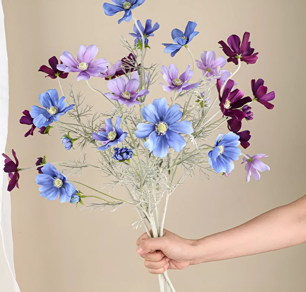 Small Persian chrysanthemum fake bouquet in milky white, blue, pink and purple, plastic and silk flower artificial prop