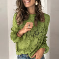 Loose hollow lace shirt for women in street style with round neck and long sleeves
