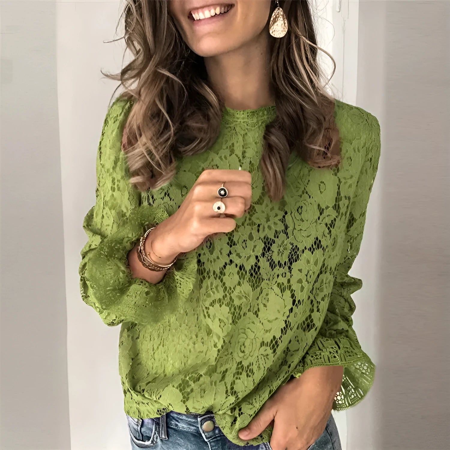 Loose hollow lace shirt for women in street style with round neck and long sleeves