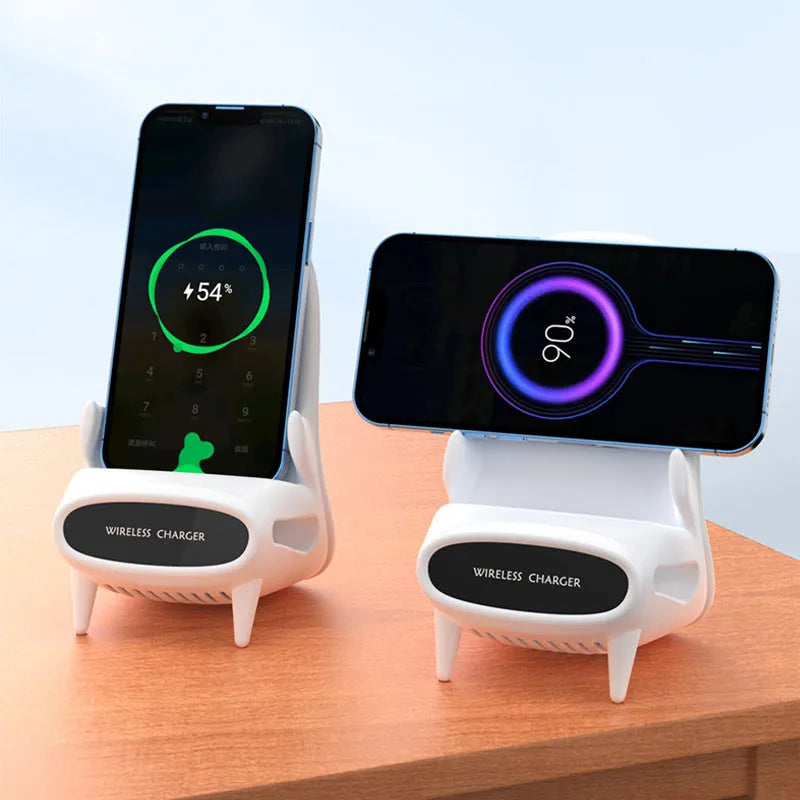 White mini chair-shaped wireless phone charger and holder on a desk