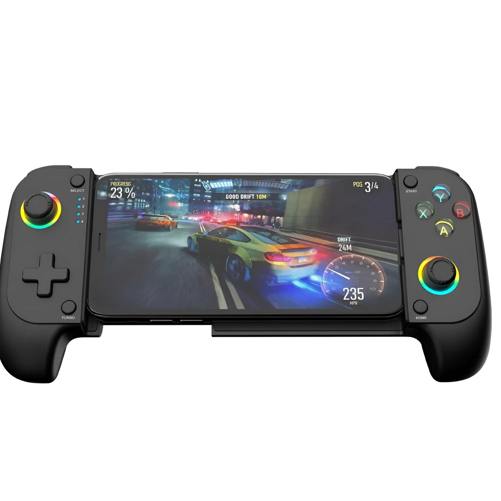 Bluetooth stretching mobile game controller holding smartphone with physical buttons and Type-C port