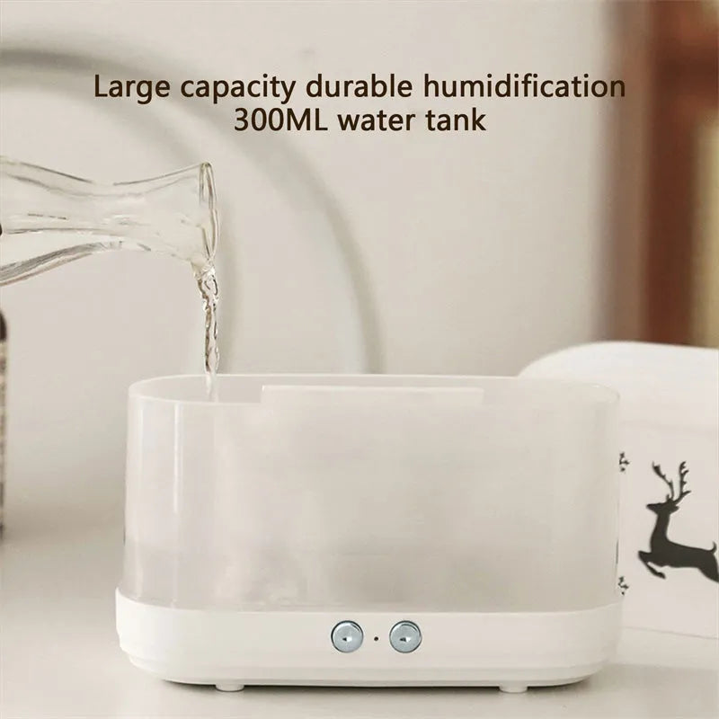 White round Elk flame effect humidifier diffuser with mist and LED light on a surface.
