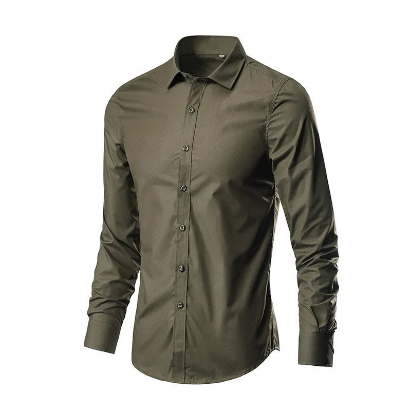Man wearing a loose-fit long-sleeve linen shirt in a neutral colour.