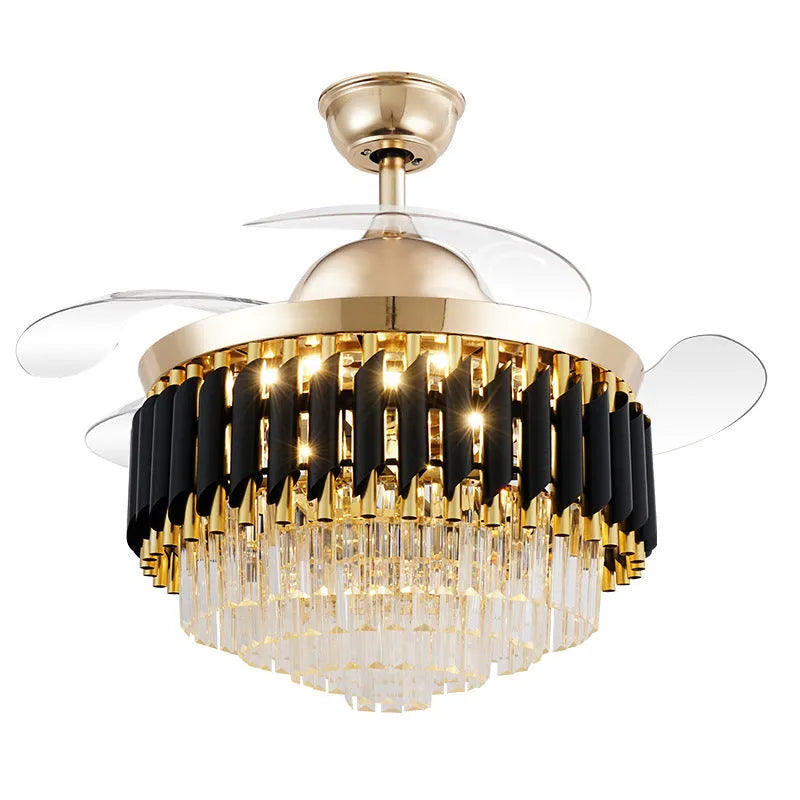 Crystal chandelier style ceiling fan with light and remote control on white ceiling.