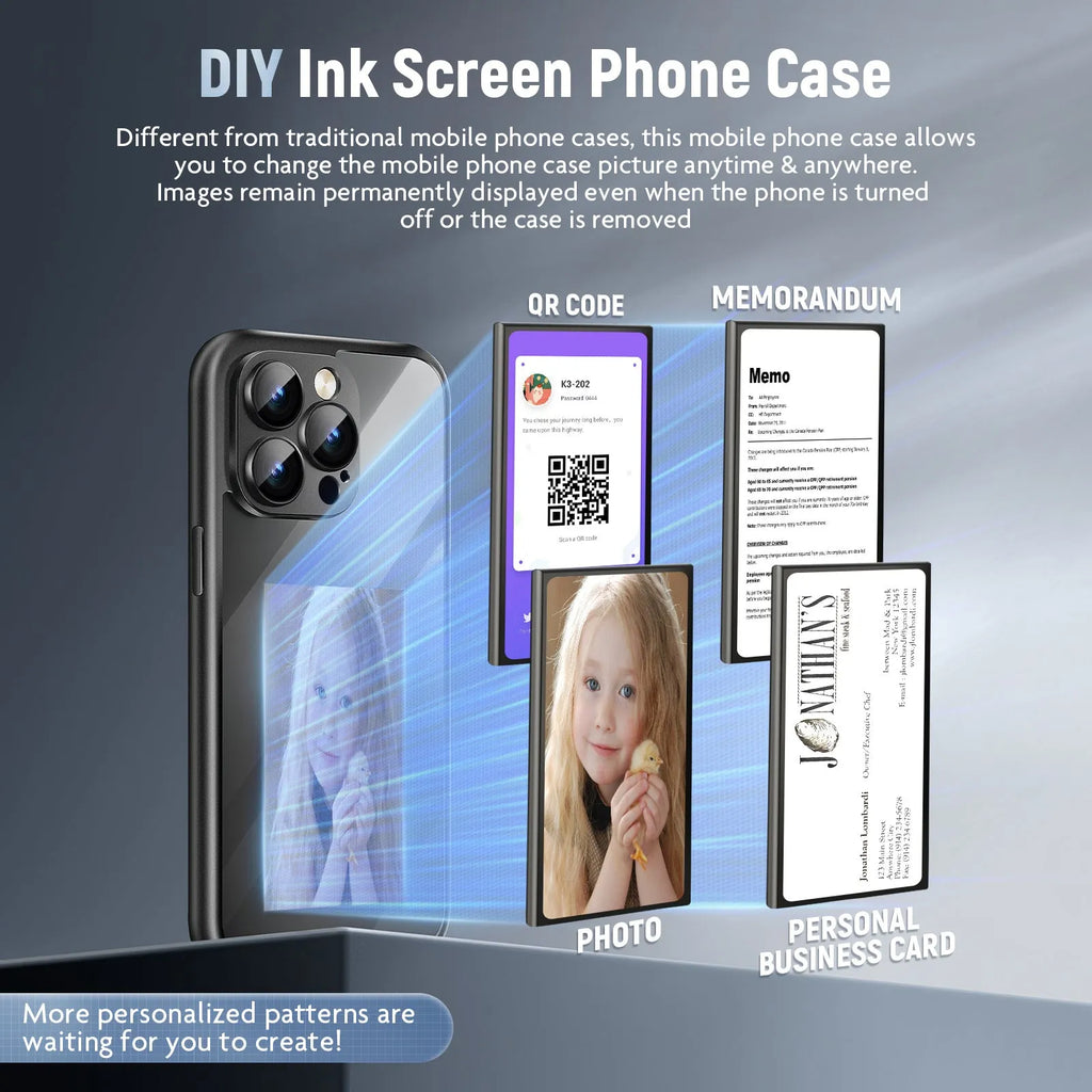 Black iPhone 15 Pro Max flip case with NFC ink screen showing custom design