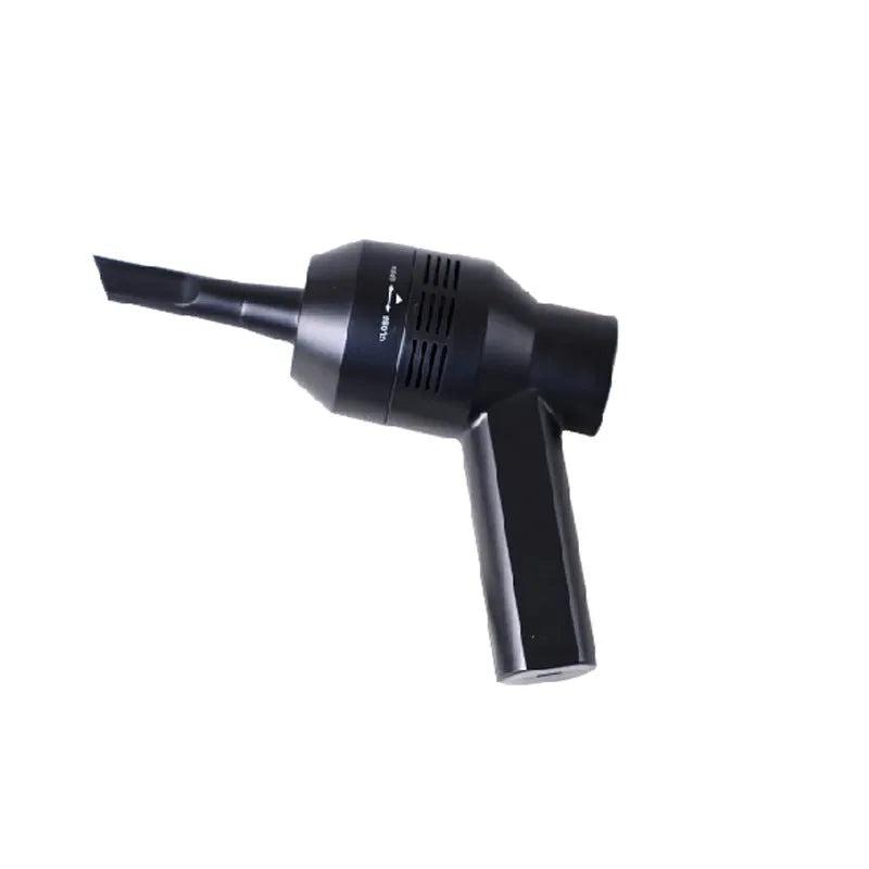 Black handheld desktop mini vacuum cleaner for cleaning keyboards and cars.