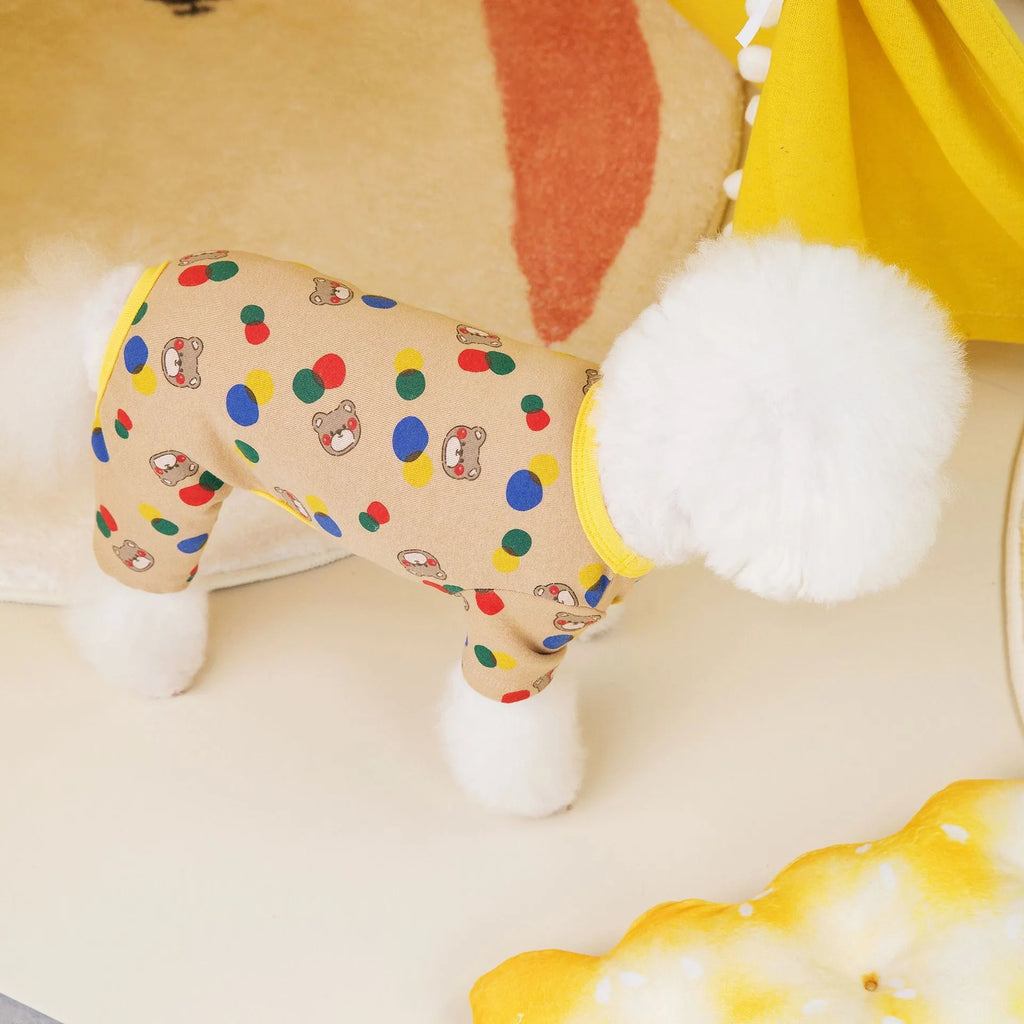 Dog wearing ball bear design cotton blend pet clothes in beige colour