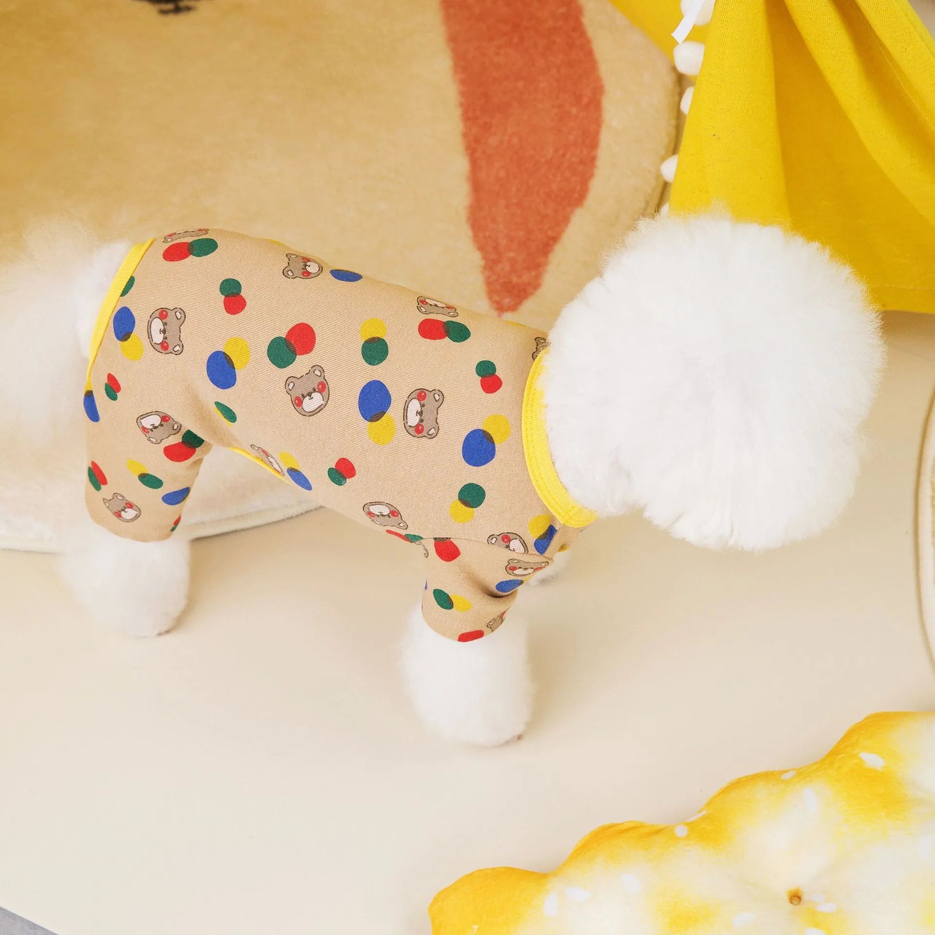 Dog wearing ball bear design cotton blend pet clothes in beige colour
