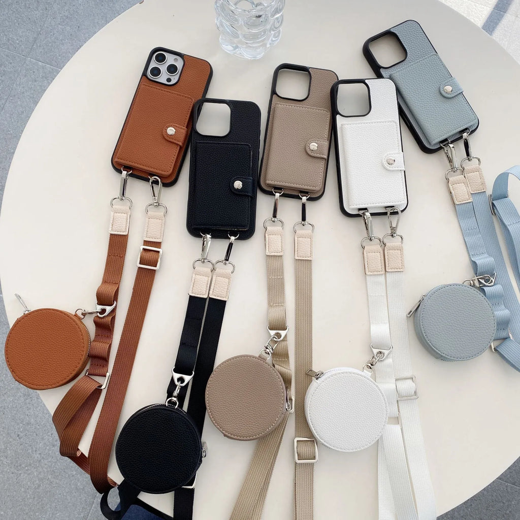 PC leather iPhone case with a card slot on the back and a lanyard loop, shown in multiple colours.