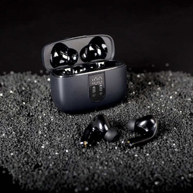 Jelly X08 wireless Bluetooth earbuds in charging case, showing digital display, available in black, grey, or white.