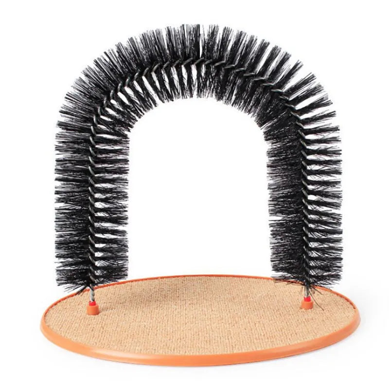 White plastic arched cat grooming toy with integrated brush bristles for scratching and rubbing.