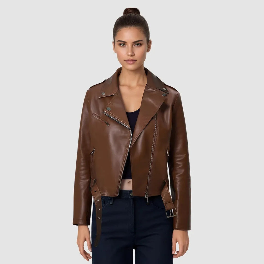 Women's short red PU leather jacket with lapel collar and waist belt on a hanger.