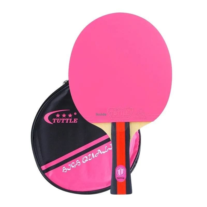 Blue, green, and pink professional table tennis rackets with long shakehand handles and matching carry bags.