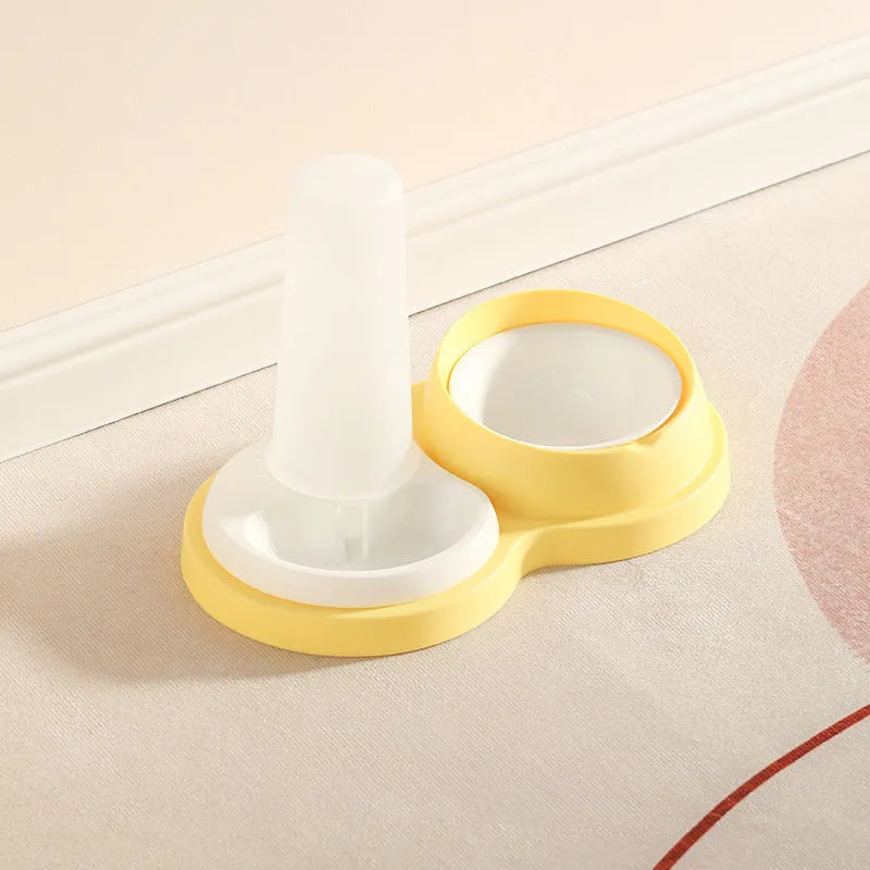 Grey and yellow raised pet double feeding bowl with four dishes and automatic water dispenser.