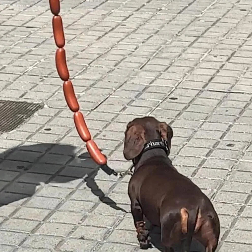 Brown sausage chew toy sewn into a 108cm soft rope dog lead with a grip tape section.