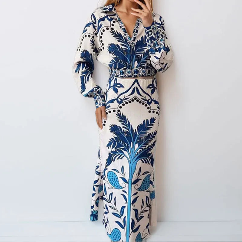 Women's casual outfit set with long sleeve top and long skirt in picture colour.