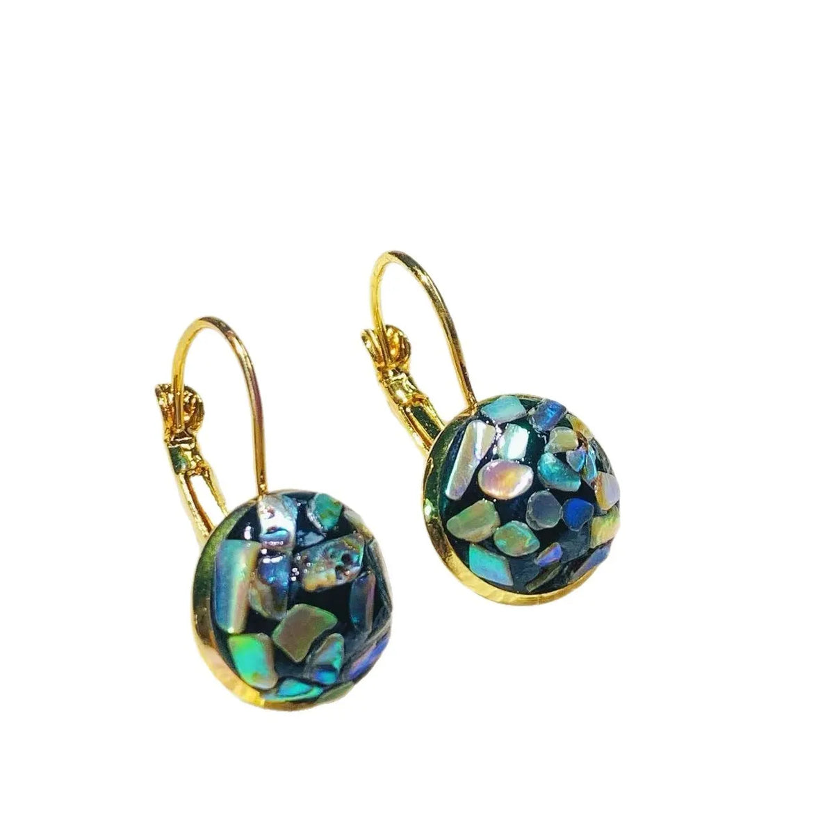 Handmade mother-of-pearl earrings for women with Chinese Fu character motif and iridescent shell finish