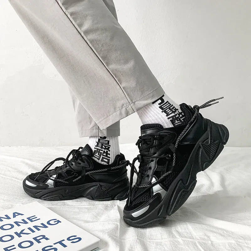 Men's white Korean-style platform dad shoes with lace-up front and thick sole.
