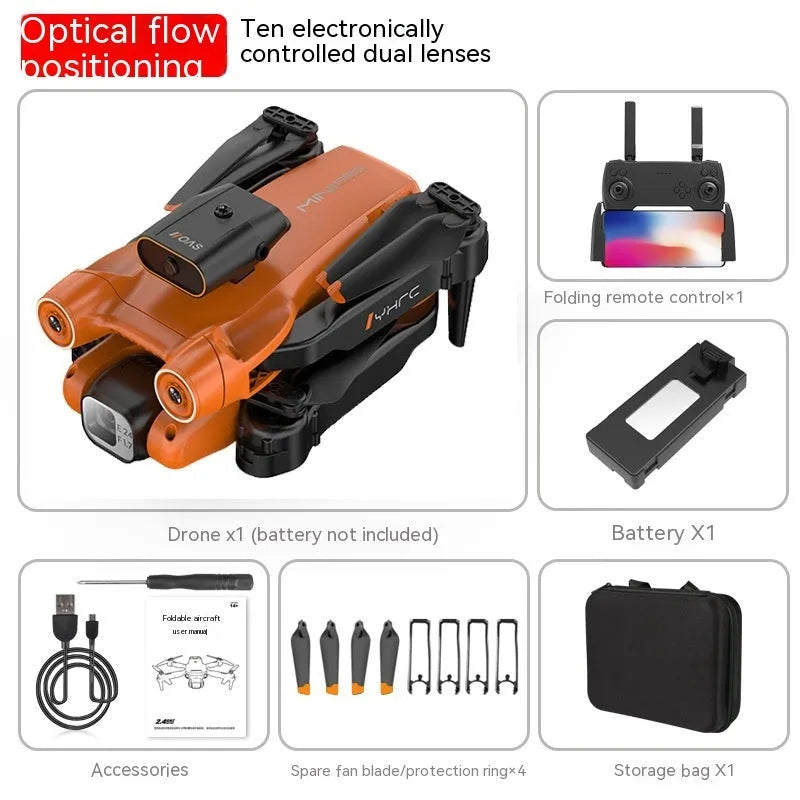 Black and orange foldable remote control quadcopter drone with four propellers and a mounted camera.