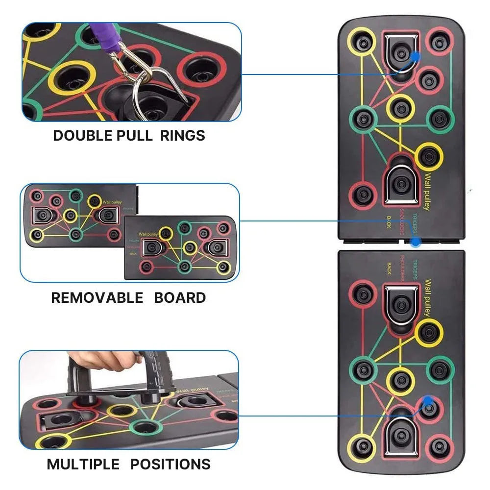 Multifunctional push-up folding board with pull rope combination bracket on a floor