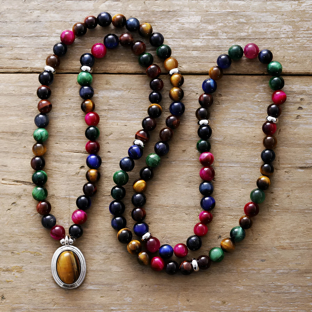 Natural stone meditation bracelet necklace with colour tiger-eye beads and 108 symbolic pendants on adjustable chain