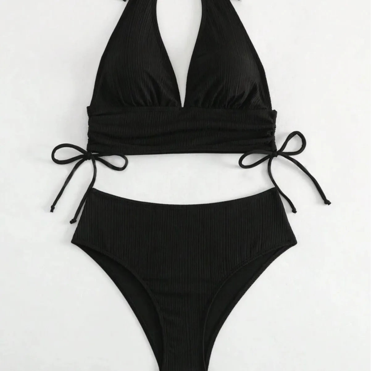 Black women's halter bikini with lace-up front detail and matching briefs.