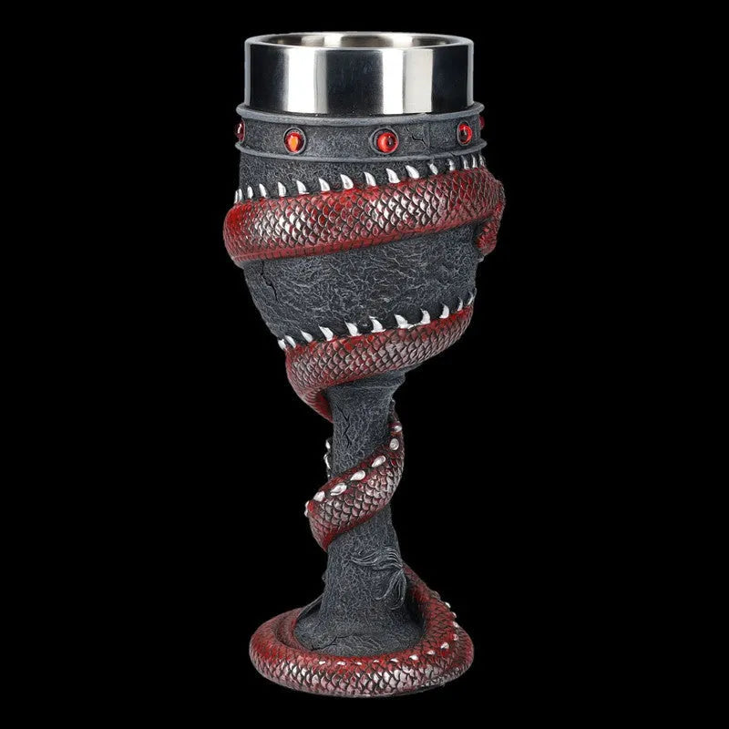 Red wine glass with Chinese dragon 3D art design and stainless steel stem