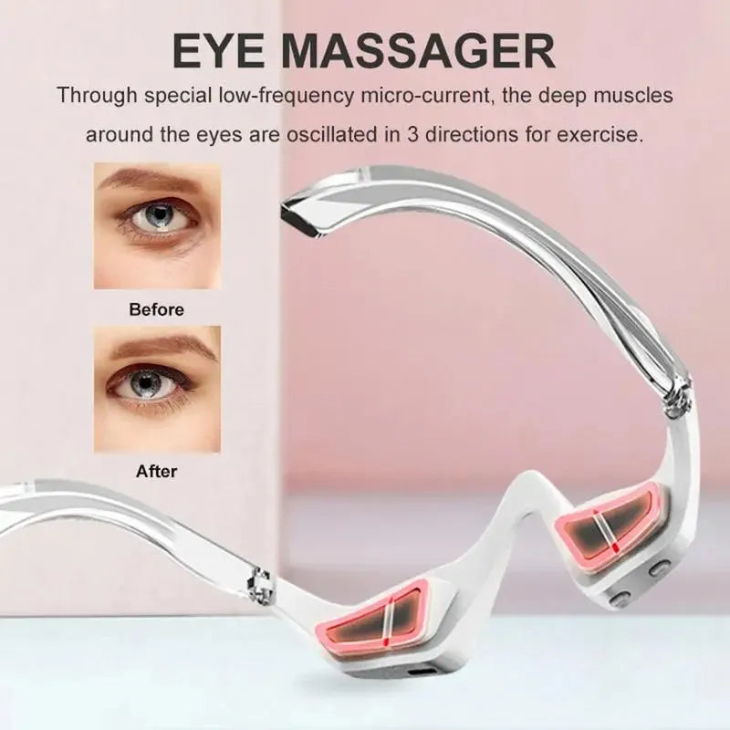 Pink and white 3D micro-current eye massager with glasses-style design on a stand.
