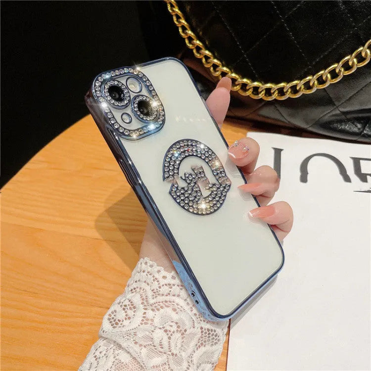 Diamond ring electroplated TPU phone case for Apple iPhone with rhinestones, black colour variant