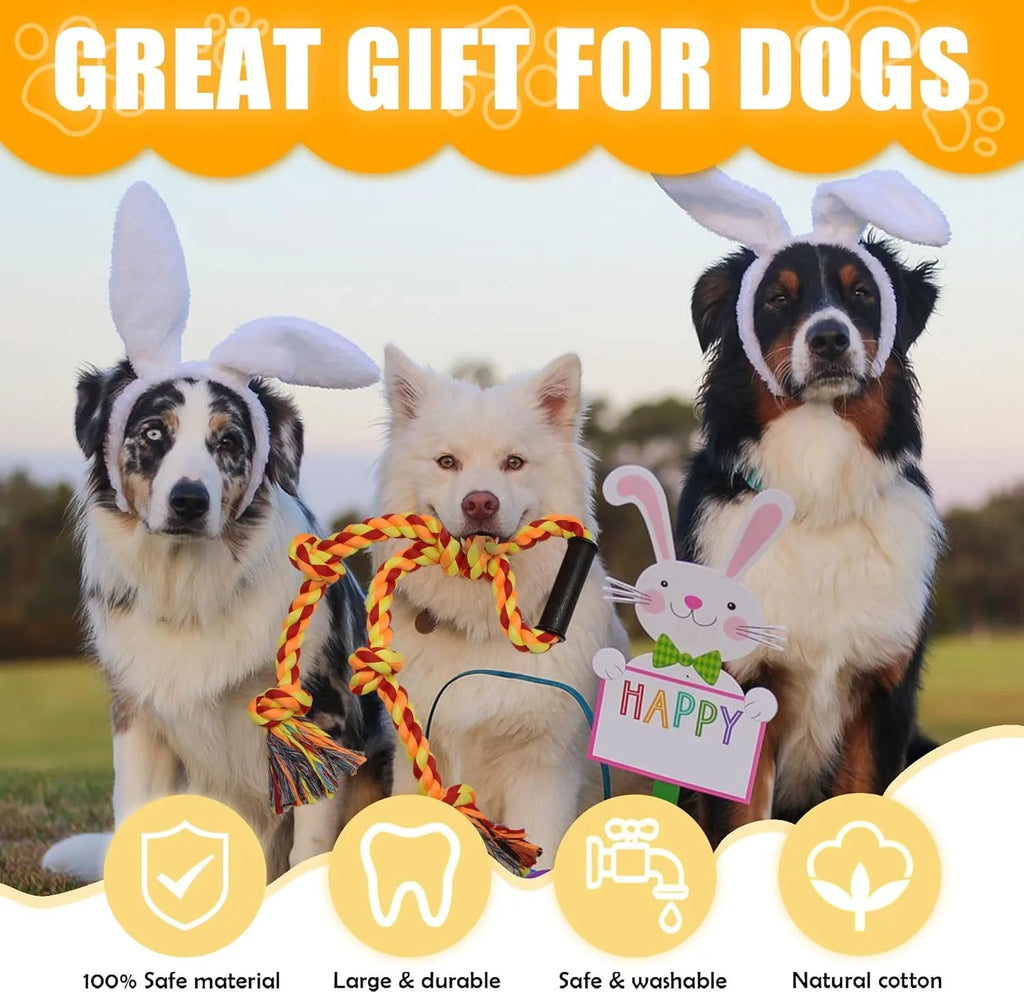 Blue and yellow durable cotton dog rope toy with ergonomic handle for large breed chewing and tug-of-war games.