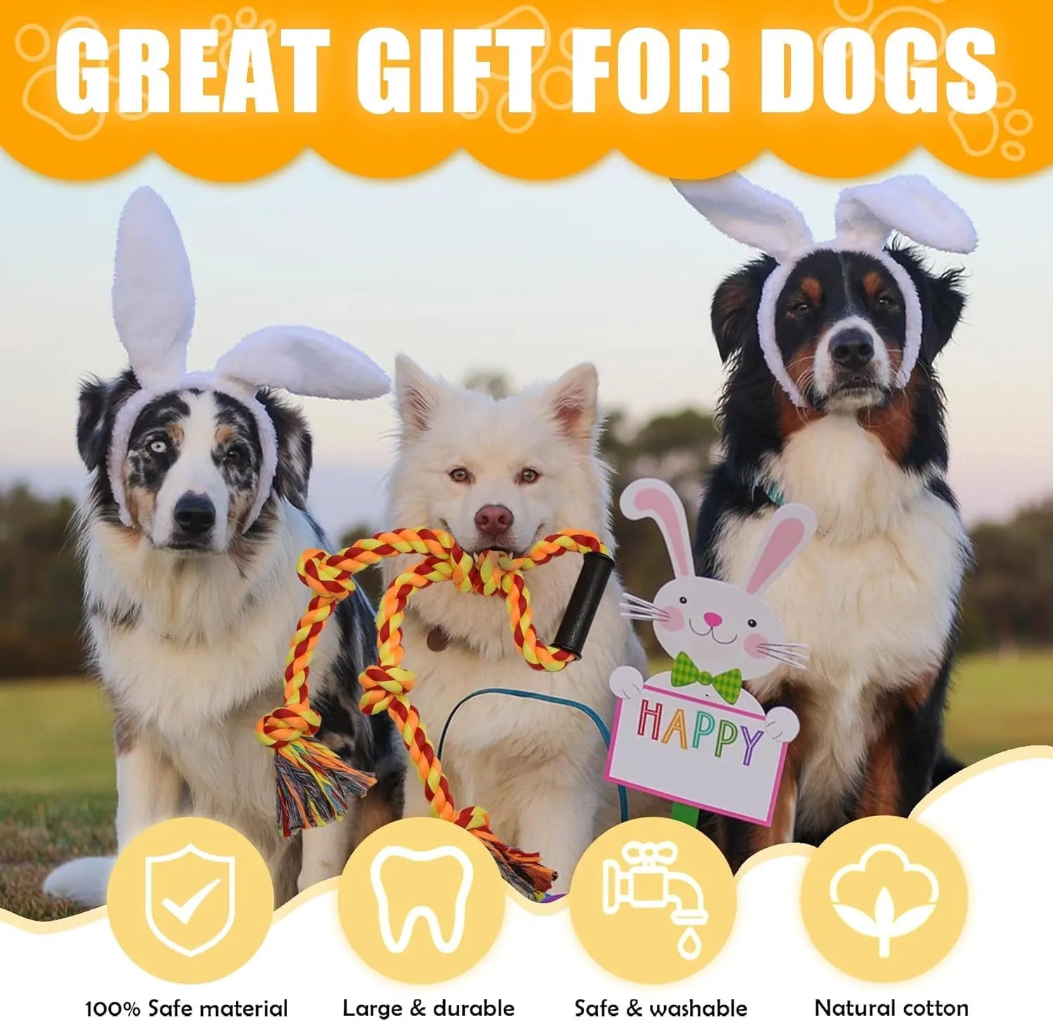 Blue and yellow durable cotton dog rope toy with ergonomic handle for large breed chewing and tug-of-war games.