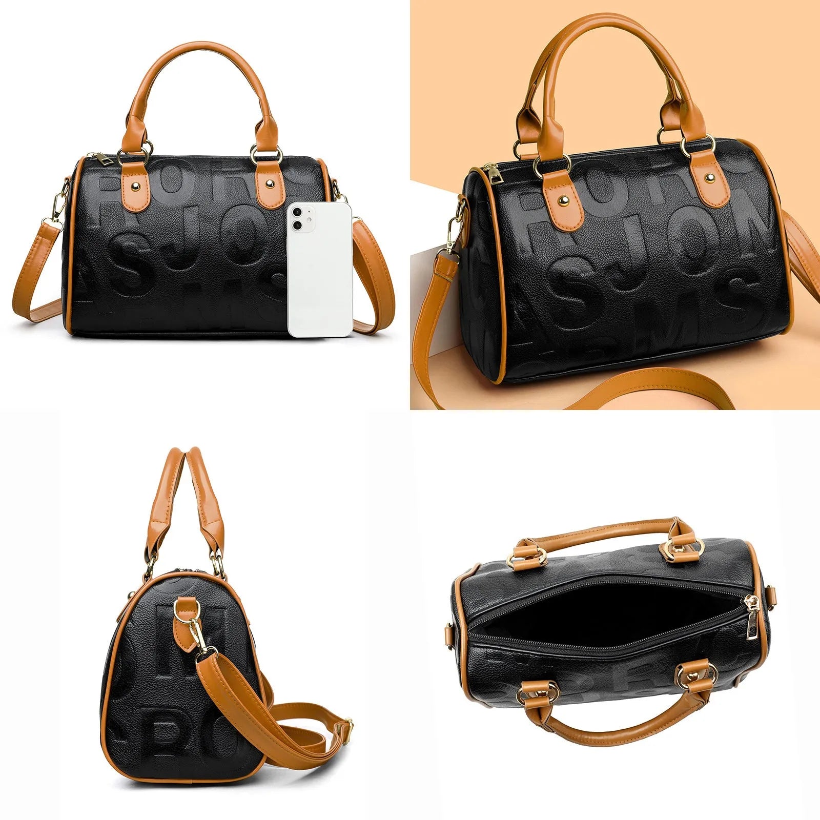 Brown cylindrical PU leather crossbody bag with three shoulder straps showing interior polyester lining