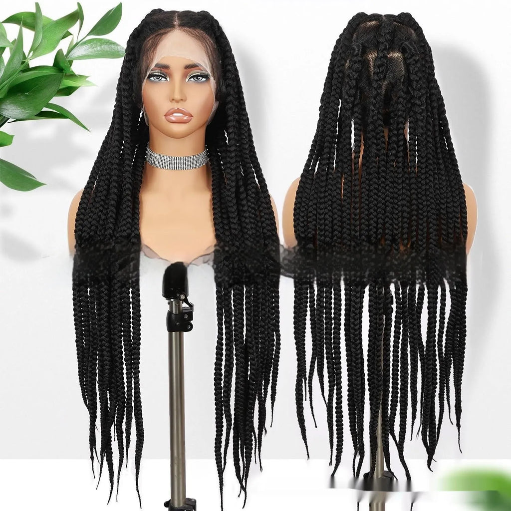 Hand-woven full lace synthetic fiber three-strand braid wig cap, 36 inch length, colour 1B natural black