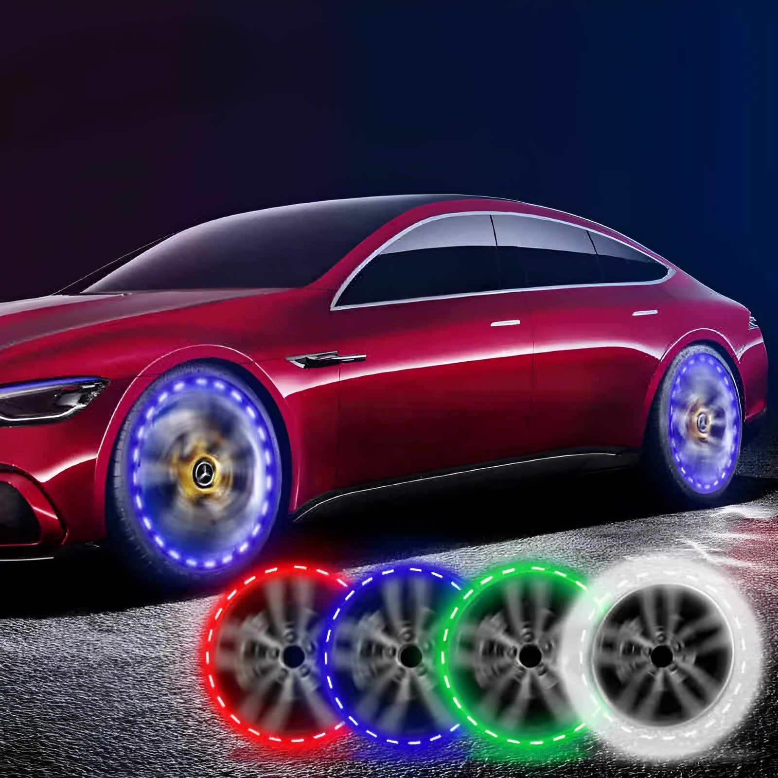 Solar-powered LED valve light for car or motorcycle wheel hub with colourful flashes.