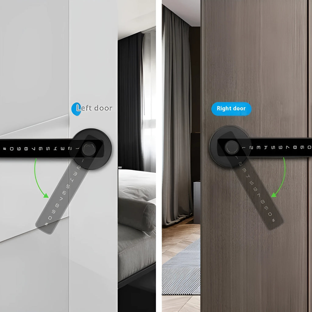 Black smart door lock with single handle design for indoor wooden doors featuring graffiti pass function
