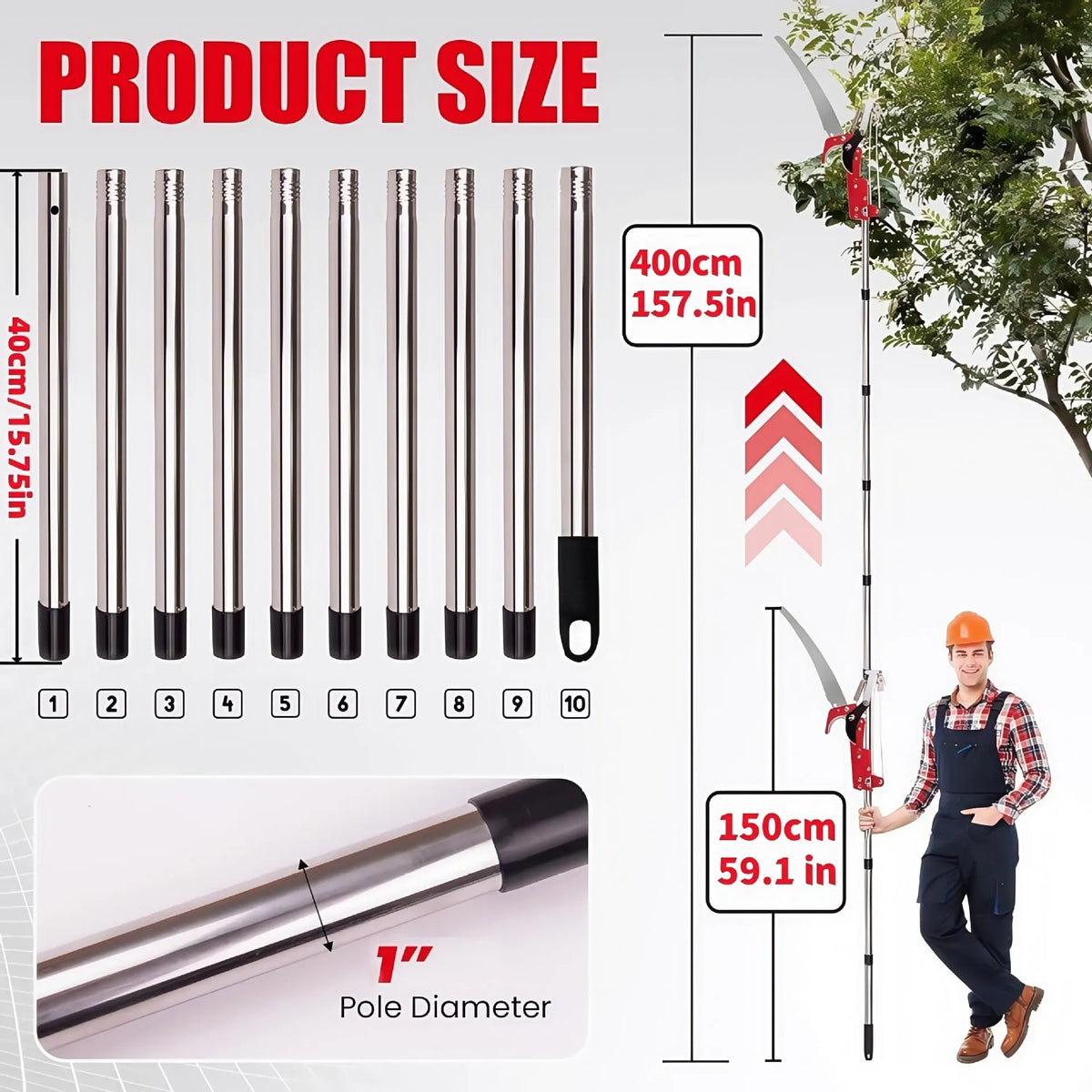 Pull rope pruning shears with 8-section assembly extended to 3.3 metres for high branch cutting