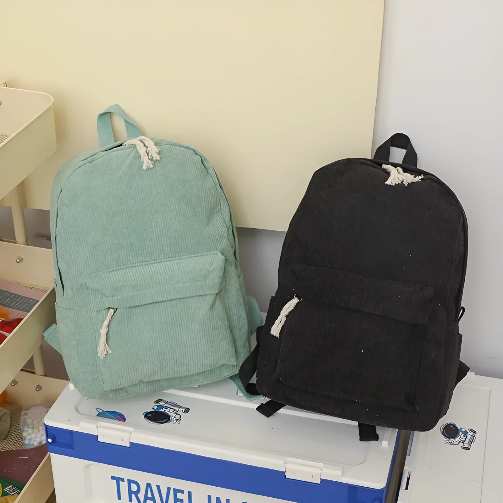 Solid colour corduroy backpack for women in six colours with three-dimensional outer pocket, free size
