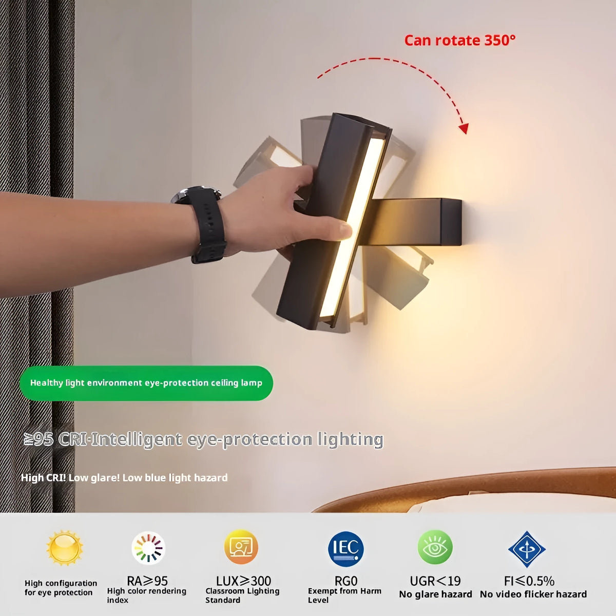 Modern minimalist rotating wall lamp with iron body and PC shade, shown in black or white