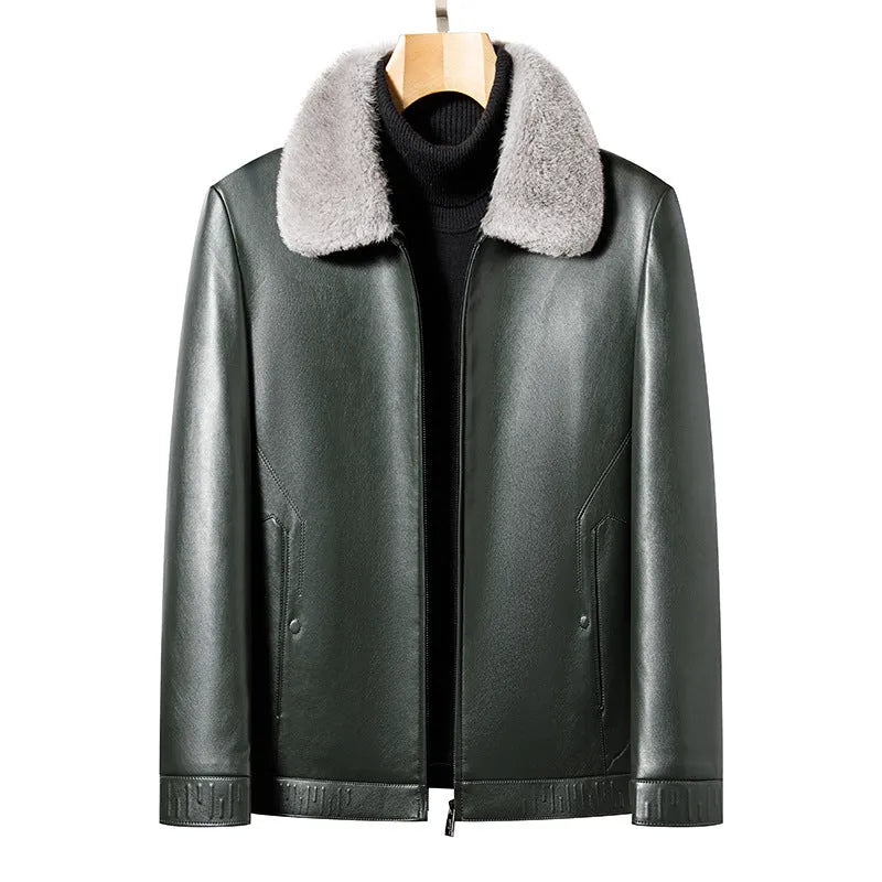 Business casual men's leather jacket in solid black colour, front view, size M to 4XL