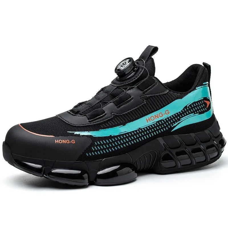 Lightweight black work safety shoes with a steel toe cap, Flyknit upper, and front laces on a grey background.