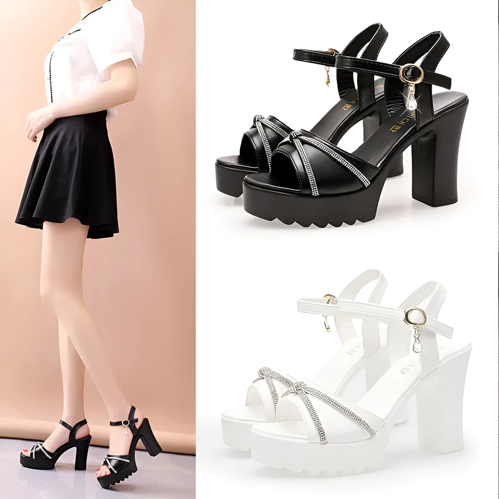 Women's black and white high heel sandals with PU upper, showing size range 35-42.