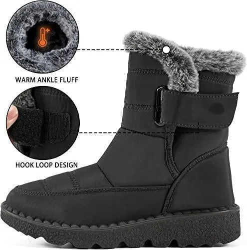 Waterproof winter snow boots with plush lining, rubber sole, Velcro fastening, grey black blue, sizes 35 to 44