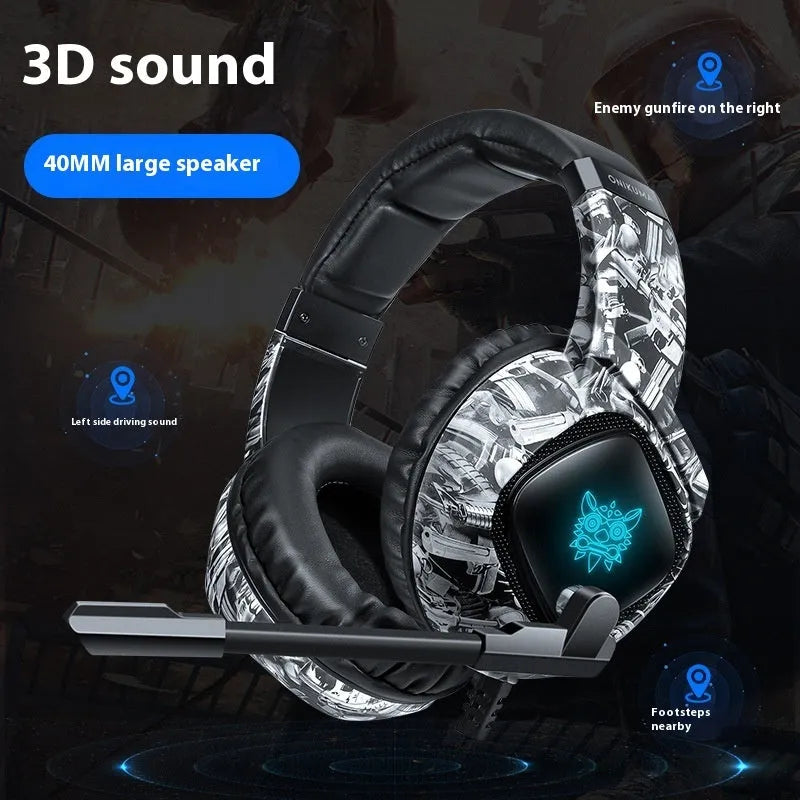Camouflage Gray wired RGB gaming headset with head-mounted design and 3.5mm plug