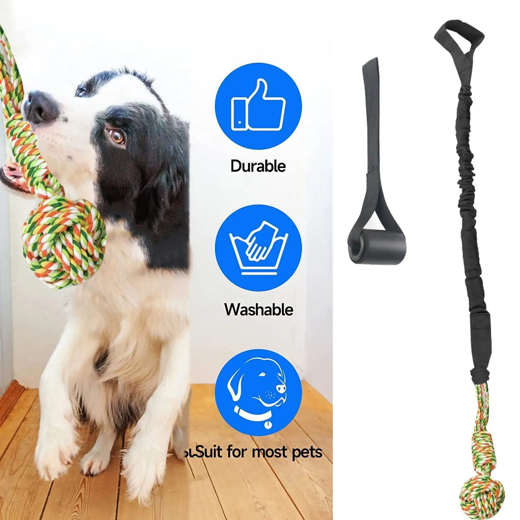 A black, grey, or red cotton rope dog tug of war toy for interactive play.