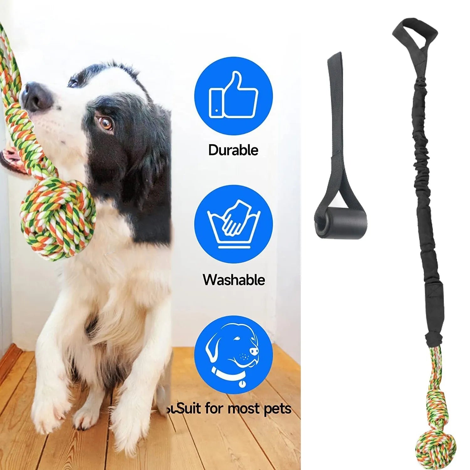 A black, grey, or red cotton rope dog tug of war toy for interactive play.