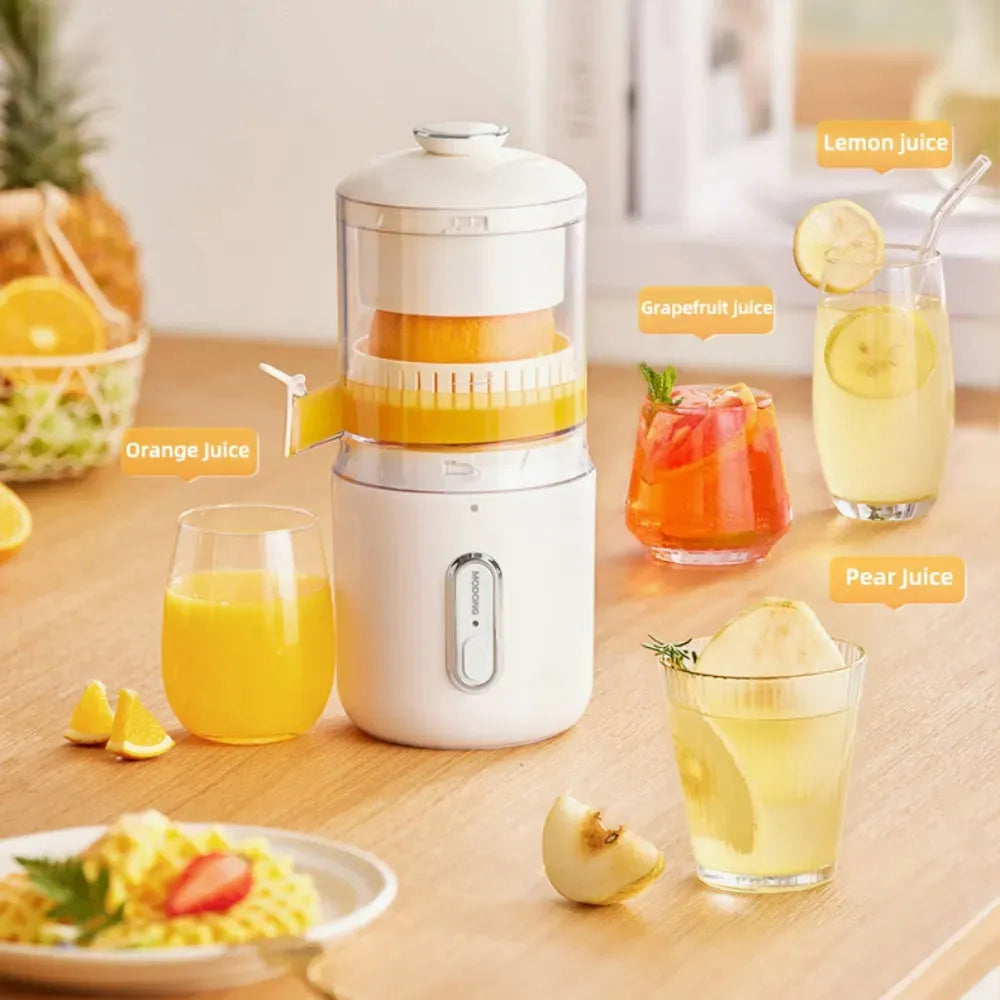 Portable electric citrus juicer in fresh green with USB charging cable and cleaning brush