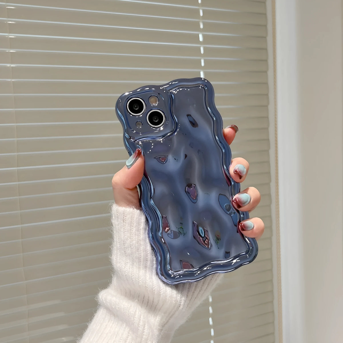 Electroplating water ripple TPU phone case for iPhone 12 showing blue colour and all-inclusive design