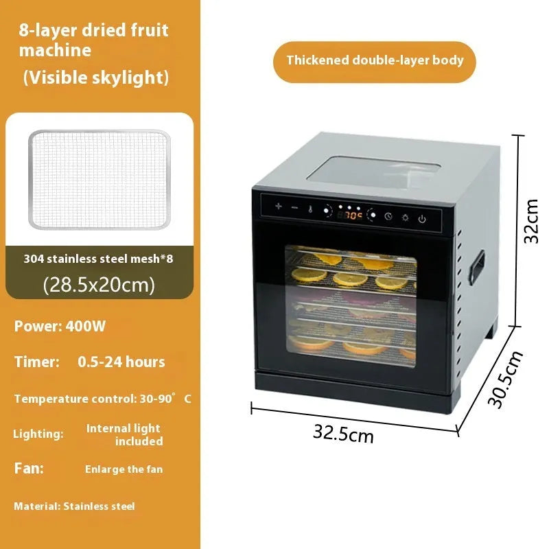 Stainless steel food dehydrator machine with multiple trays and an LED control panel.