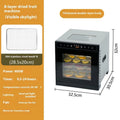 Stainless steel food dehydrator machine with multiple trays and an LED control panel.